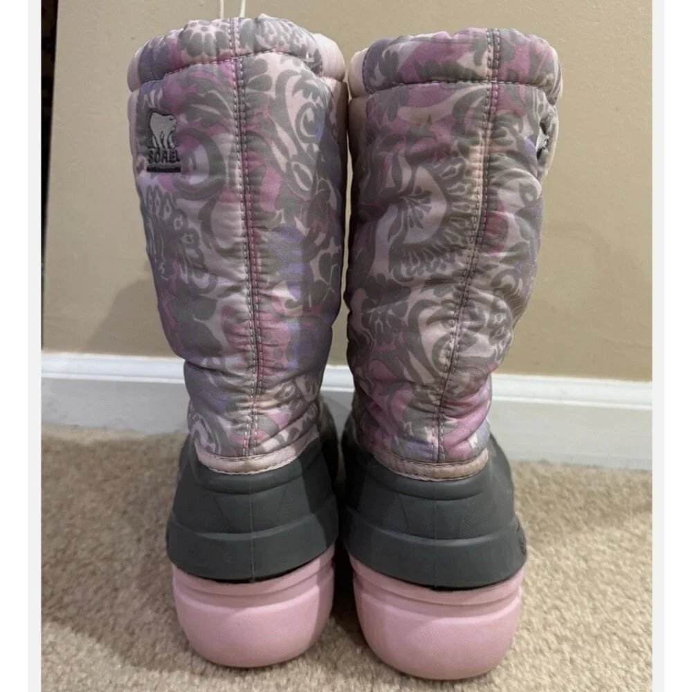 Sorel Girls 6Y Snow Boots Pink Floral Waterproof Winter Rubber Insulated Boot